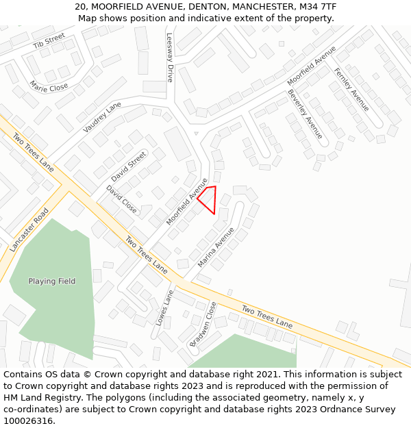 20, MOORFIELD AVENUE, DENTON, MANCHESTER, M34 7TF: Location map and indicative extent of plot