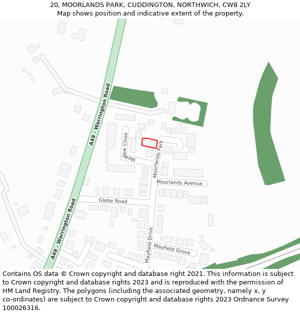 20, MOORLANDS PARK, CUDDINGTON, NORTHWICH, CW8 2LY: Location map and indicative extent of plot