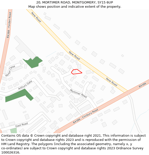 20, MORTIMER ROAD, MONTGOMERY, SY15 6UP: Location map and indicative extent of plot