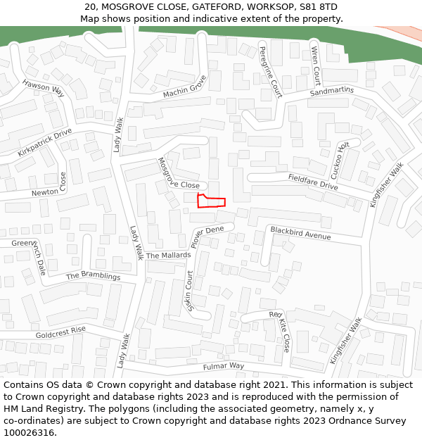 20, MOSGROVE CLOSE, GATEFORD, WORKSOP, S81 8TD: Location map and indicative extent of plot