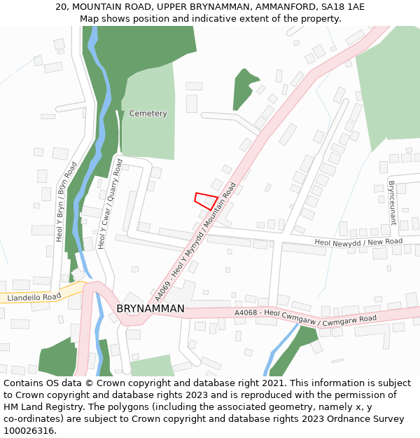 20, MOUNTAIN ROAD, UPPER BRYNAMMAN, AMMANFORD, SA18 1AE: Location map and indicative extent of plot