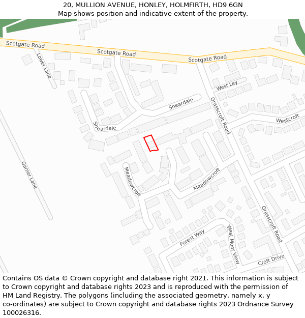 20, MULLION AVENUE, HONLEY, HOLMFIRTH, HD9 6GN: Location map and indicative extent of plot