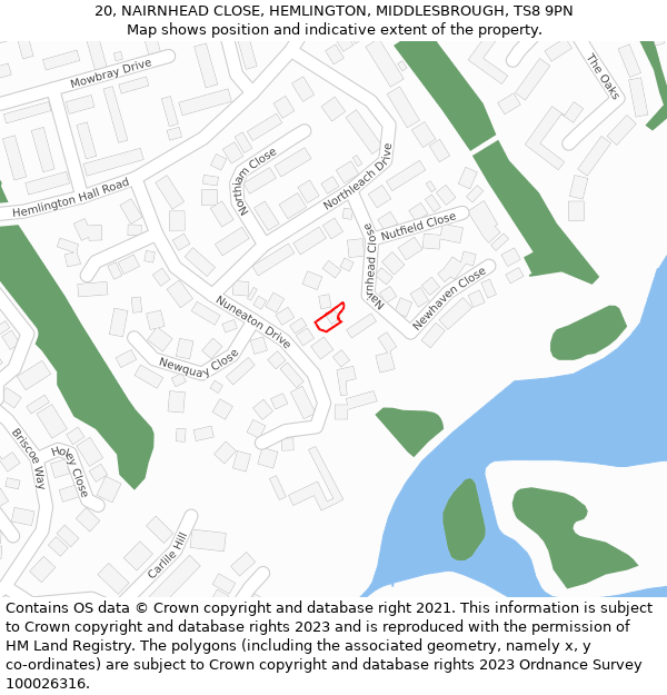 20, NAIRNHEAD CLOSE, HEMLINGTON, MIDDLESBROUGH, TS8 9PN: Location map and indicative extent of plot