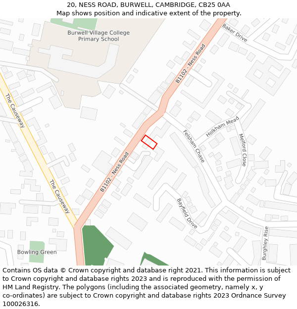 20, NESS ROAD, BURWELL, CAMBRIDGE, CB25 0AA: Location map and indicative extent of plot
