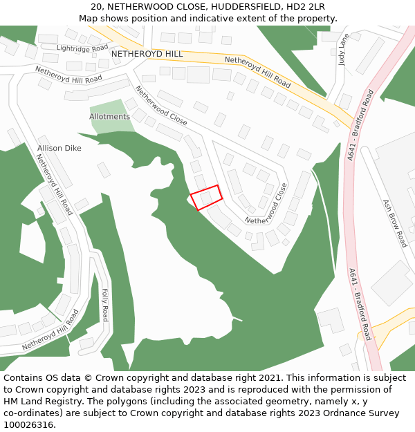 20, NETHERWOOD CLOSE, HUDDERSFIELD, HD2 2LR: Location map and indicative extent of plot