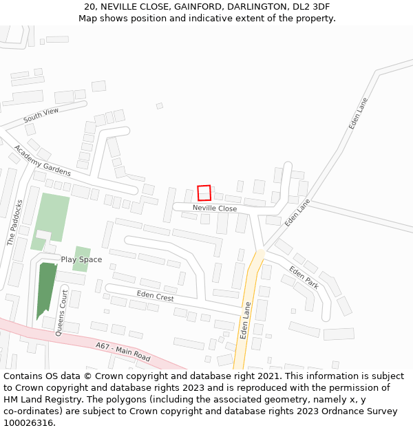 20, NEVILLE CLOSE, GAINFORD, DARLINGTON, DL2 3DF: Location map and indicative extent of plot