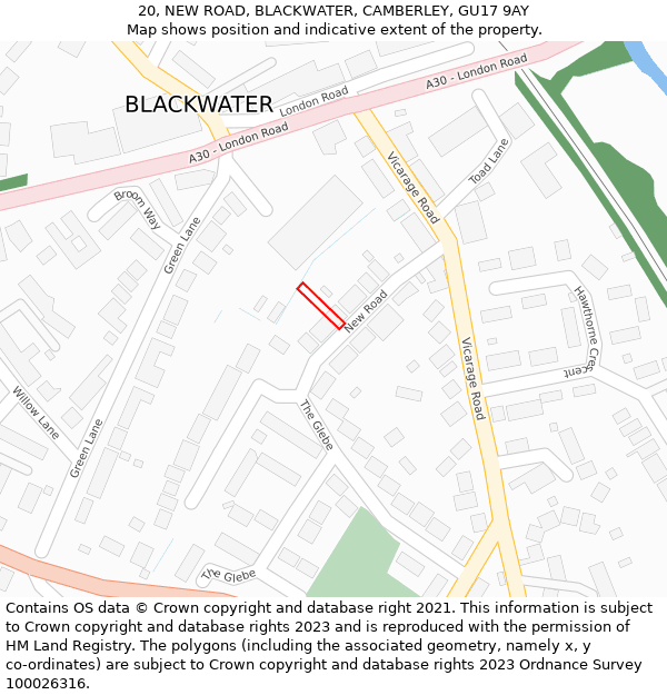20, NEW ROAD, BLACKWATER, CAMBERLEY, GU17 9AY: Location map and indicative extent of plot