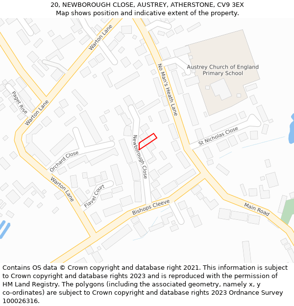 20, NEWBOROUGH CLOSE, AUSTREY, ATHERSTONE, CV9 3EX: Location map and indicative extent of plot