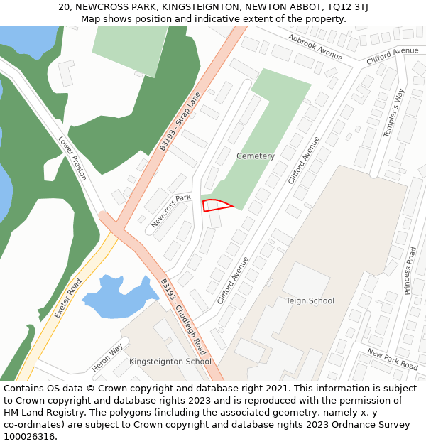 20, NEWCROSS PARK, KINGSTEIGNTON, NEWTON ABBOT, TQ12 3TJ: Location map and indicative extent of plot