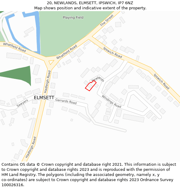 20, NEWLANDS, ELMSETT, IPSWICH, IP7 6NZ: Location map and indicative extent of plot