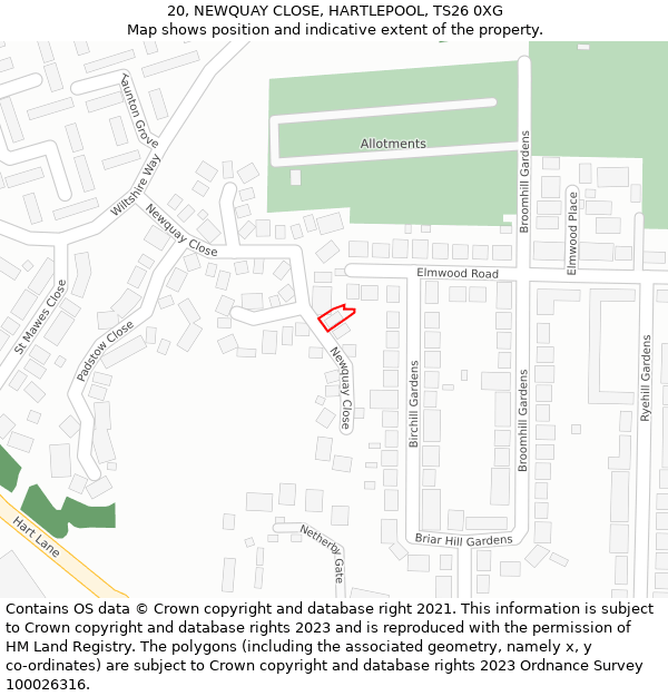 20, NEWQUAY CLOSE, HARTLEPOOL, TS26 0XG: Location map and indicative extent of plot