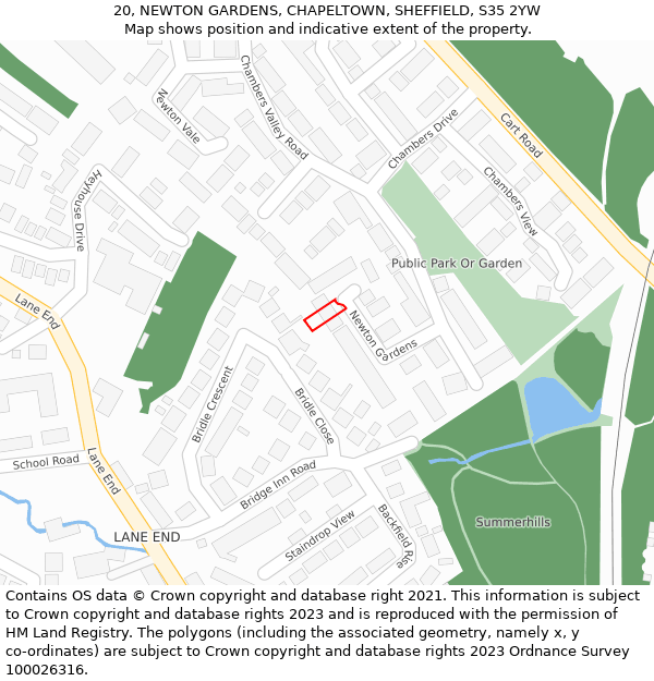 20, NEWTON GARDENS, CHAPELTOWN, SHEFFIELD, S35 2YW: Location map and indicative extent of plot