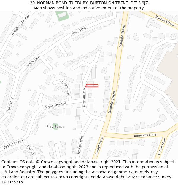 20, NORMAN ROAD, TUTBURY, BURTON-ON-TRENT, DE13 9JZ: Location map and indicative extent of plot