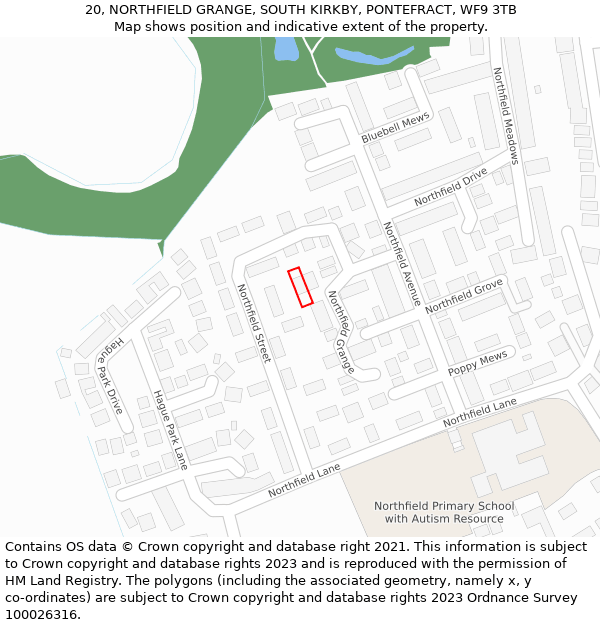 20, NORTHFIELD GRANGE, SOUTH KIRKBY, PONTEFRACT, WF9 3TB: Location map and indicative extent of plot