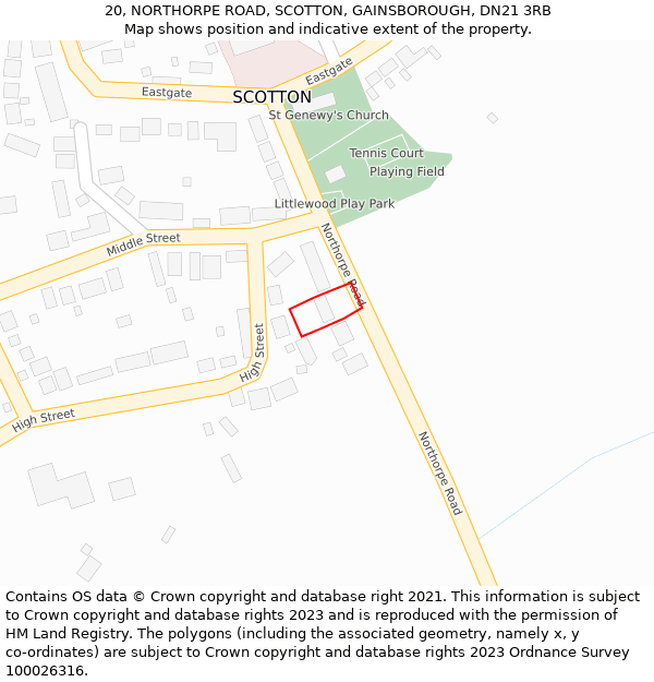 20, NORTHORPE ROAD, SCOTTON, GAINSBOROUGH, DN21 3RB: Location map and indicative extent of plot