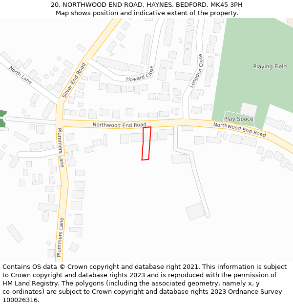 20, NORTHWOOD END ROAD, HAYNES, BEDFORD, MK45 3PH: Location map and indicative extent of plot