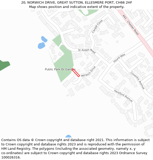 20, NORWICH DRIVE, GREAT SUTTON, ELLESMERE PORT, CH66 2HF: Location map and indicative extent of plot