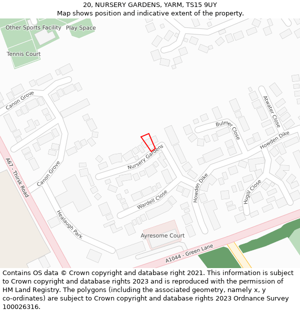 20, NURSERY GARDENS, YARM, TS15 9UY: Location map and indicative extent of plot