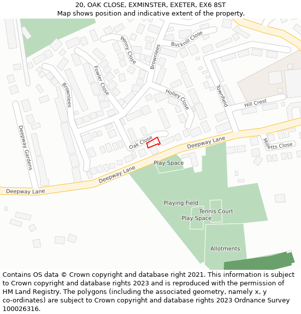 20, OAK CLOSE, EXMINSTER, EXETER, EX6 8ST: Location map and indicative extent of plot