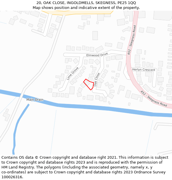 20, OAK CLOSE, INGOLDMELLS, SKEGNESS, PE25 1QQ: Location map and indicative extent of plot