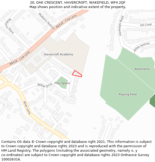 20, OAK CRESCENT, HAVERCROFT, WAKEFIELD, WF4 2QF: Location map and indicative extent of plot