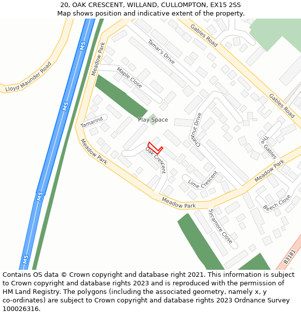 20, OAK CRESCENT, WILLAND, CULLOMPTON, EX15 2SS: Location map and indicative extent of plot
