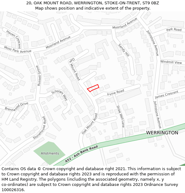 20, OAK MOUNT ROAD, WERRINGTON, STOKE-ON-TRENT, ST9 0BZ: Location map and indicative extent of plot