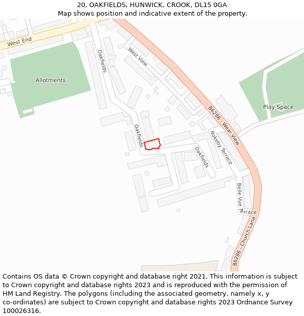 20, OAKFIELDS, HUNWICK, CROOK, DL15 0GA: Location map and indicative extent of plot