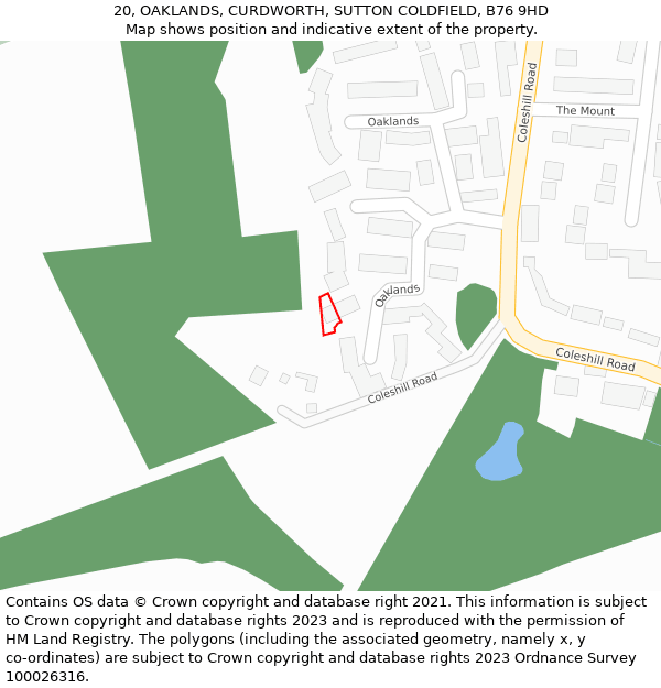 20, OAKLANDS, CURDWORTH, SUTTON COLDFIELD, B76 9HD: Location map and indicative extent of plot