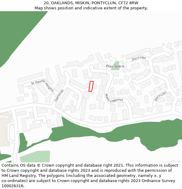 20, OAKLANDS, MISKIN, PONTYCLUN, CF72 8RW: Location map and indicative extent of plot