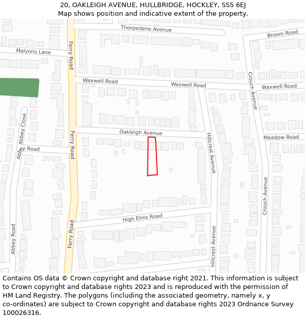20, OAKLEIGH AVENUE, HULLBRIDGE, HOCKLEY, SS5 6EJ: Location map and indicative extent of plot