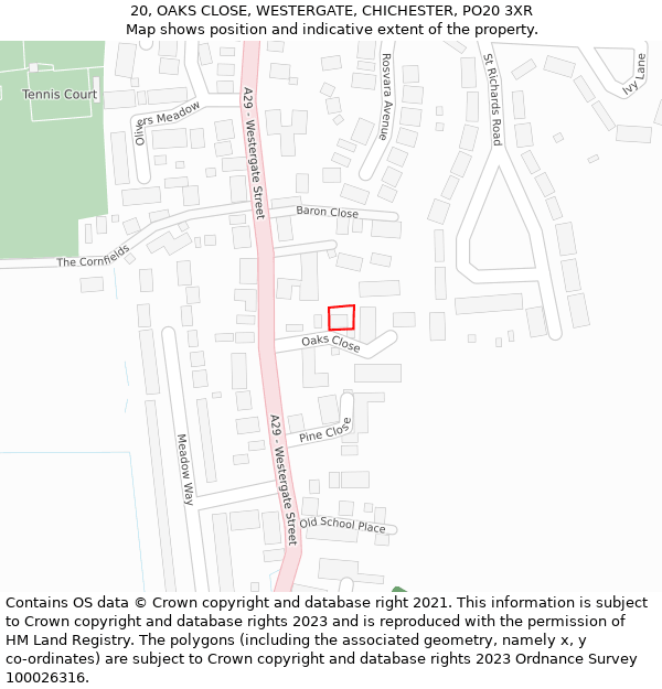 20, OAKS CLOSE, WESTERGATE, CHICHESTER, PO20 3XR: Location map and indicative extent of plot