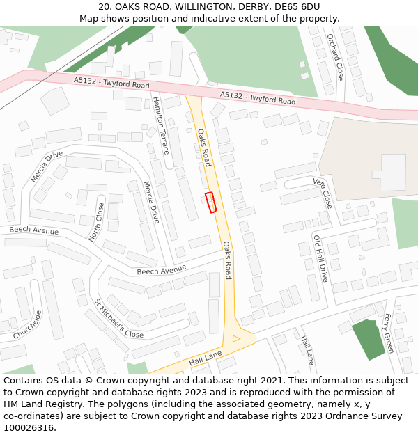 20, OAKS ROAD, WILLINGTON, DERBY, DE65 6DU: Location map and indicative extent of plot