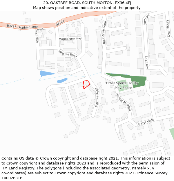 20, OAKTREE ROAD, SOUTH MOLTON, EX36 4FJ: Location map and indicative extent of plot