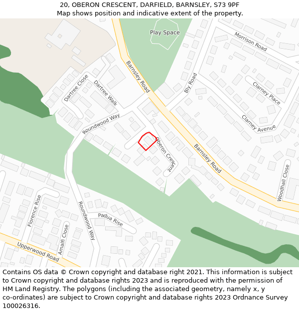 20, OBERON CRESCENT, DARFIELD, BARNSLEY, S73 9PF: Location map and indicative extent of plot