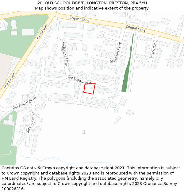 20, OLD SCHOOL DRIVE, LONGTON, PRESTON, PR4 5YU: Location map and indicative extent of plot