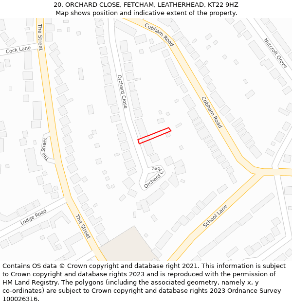 20, ORCHARD CLOSE, FETCHAM, LEATHERHEAD, KT22 9HZ: Location map and indicative extent of plot