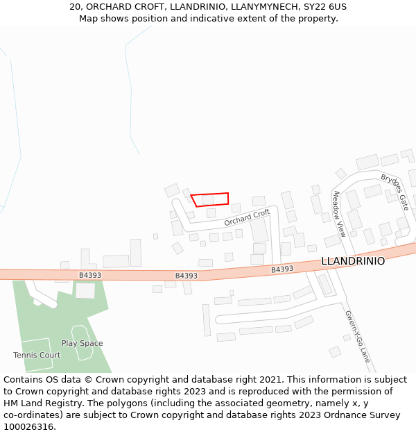 20, ORCHARD CROFT, LLANDRINIO, LLANYMYNECH, SY22 6US: Location map and indicative extent of plot