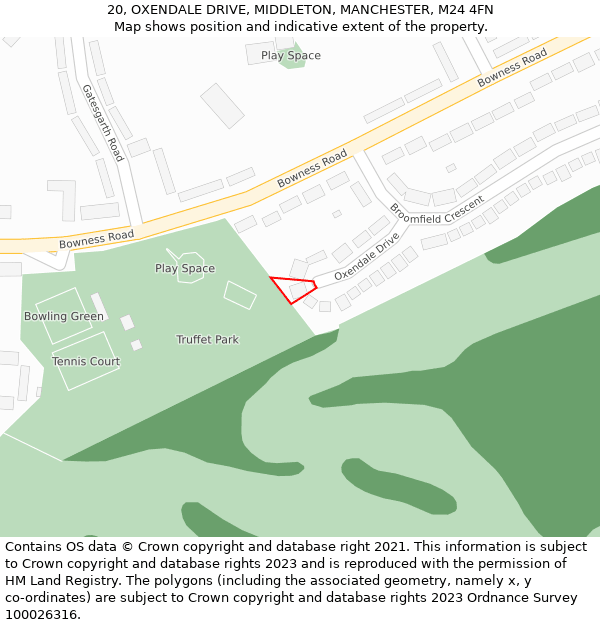 20, OXENDALE DRIVE, MIDDLETON, MANCHESTER, M24 4FN: Location map and indicative extent of plot