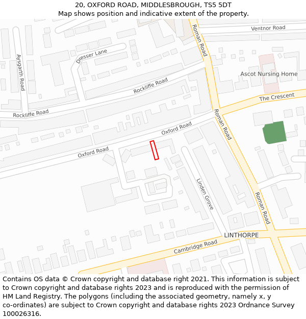 20, OXFORD ROAD, MIDDLESBROUGH, TS5 5DT: Location map and indicative extent of plot