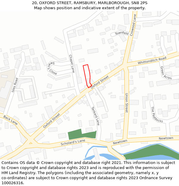 20, OXFORD STREET, RAMSBURY, MARLBOROUGH, SN8 2PS: Location map and indicative extent of plot