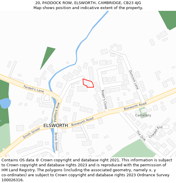 20, PADDOCK ROW, ELSWORTH, CAMBRIDGE, CB23 4JG: Location map and indicative extent of plot