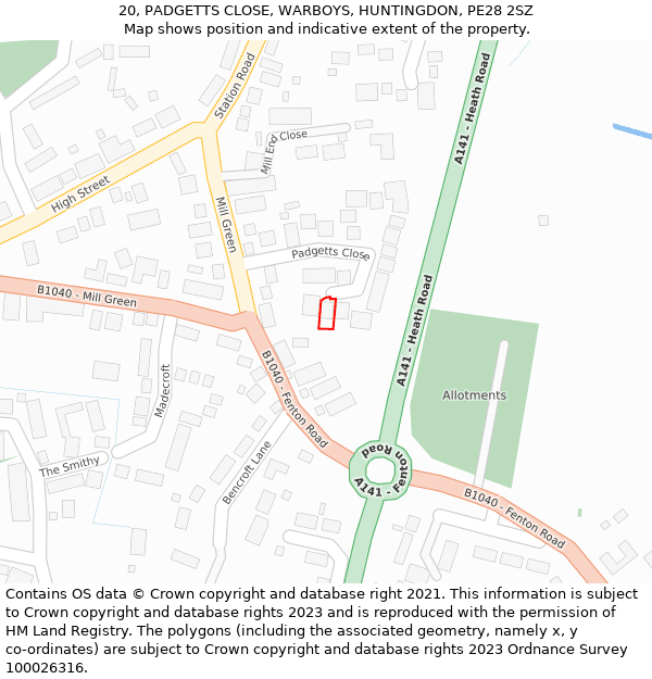 20, PADGETTS CLOSE, WARBOYS, HUNTINGDON, PE28 2SZ: Location map and indicative extent of plot