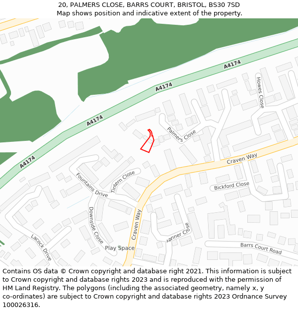 20, PALMERS CLOSE, BARRS COURT, BRISTOL, BS30 7SD: Location map and indicative extent of plot