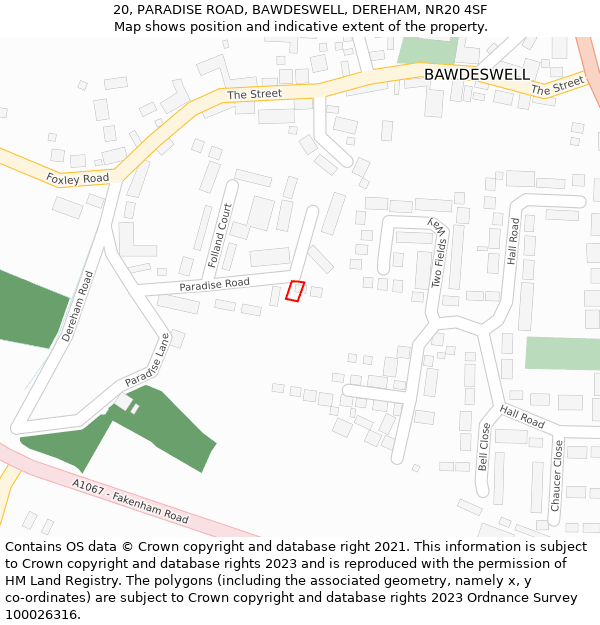 20, PARADISE ROAD, BAWDESWELL, DEREHAM, NR20 4SF: Location map and indicative extent of plot