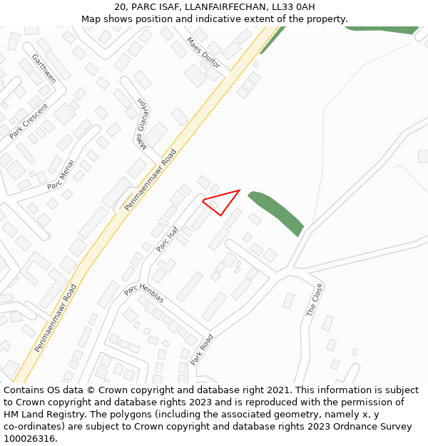 20, PARC ISAF, LLANFAIRFECHAN, LL33 0AH: Location map and indicative extent of plot