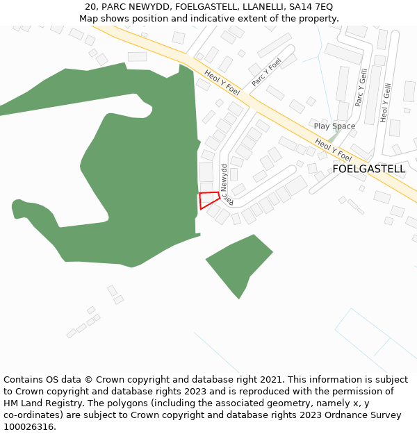 20, PARC NEWYDD, FOELGASTELL, LLANELLI, SA14 7EQ: Location map and indicative extent of plot