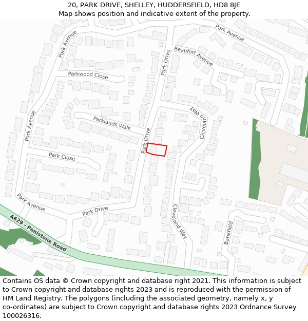 20, PARK DRIVE, SHELLEY, HUDDERSFIELD, HD8 8JE: Location map and indicative extent of plot