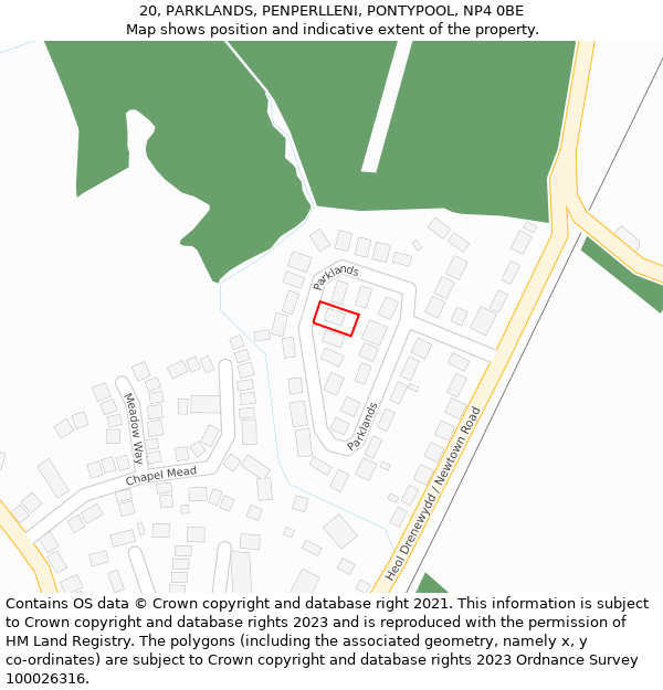 20, PARKLANDS, PENPERLLENI, PONTYPOOL, NP4 0BE: Location map and indicative extent of plot