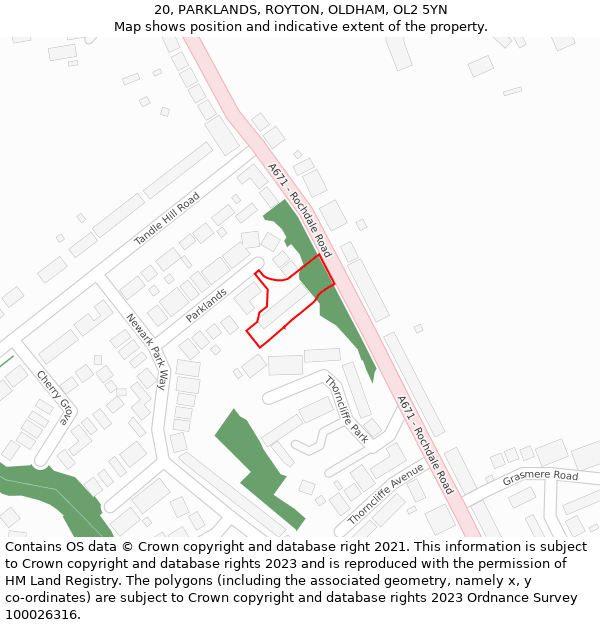 20, PARKLANDS, ROYTON, OLDHAM, OL2 5YN: Location map and indicative extent of plot